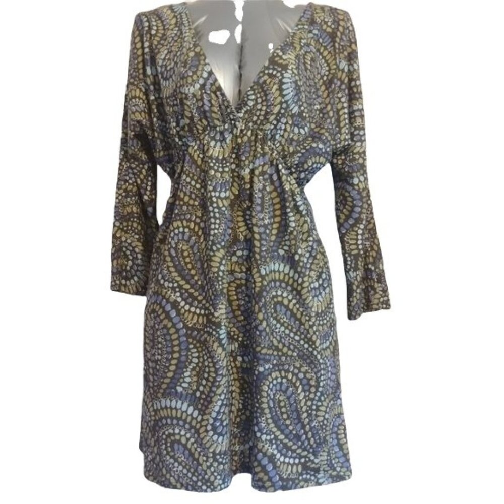 Mist Women's Size Small A-Line Dress Pastel Paisley Print Deep V Neck Green/Blue
